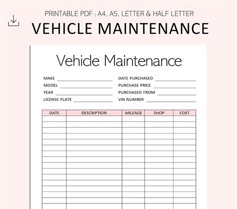 Vehicle Maintenance Log Vehicle Service Tracker Vehicle Etsy UK