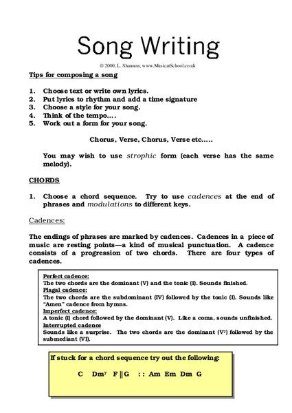Song Writing Worksheet For 9th Grade Lesson Planet