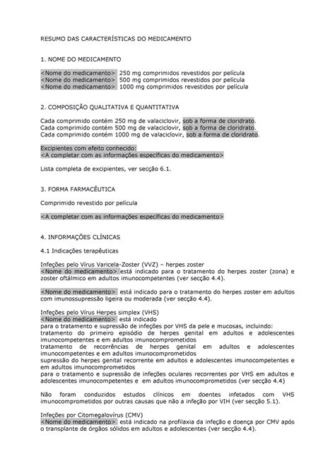 Valaciclovir RCM RESUMO DAS CARACTERÍSTICAS DO MEDICAMENTO 1 NOME