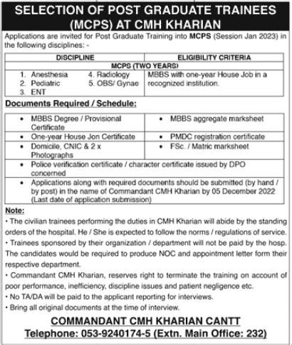 Combined Military Hospital (CMH) Kharian – UPMED Jobs