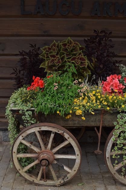 Una Rueda De Carreta Con Flores Foto Premium