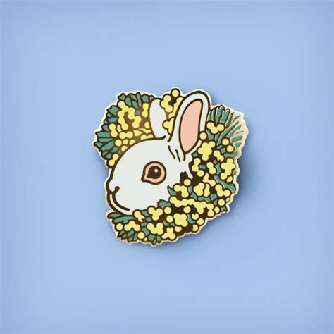 White Rabbit And Mimosa Flowers Enamel Pin Lapin Blanc Et Etsy Yellow