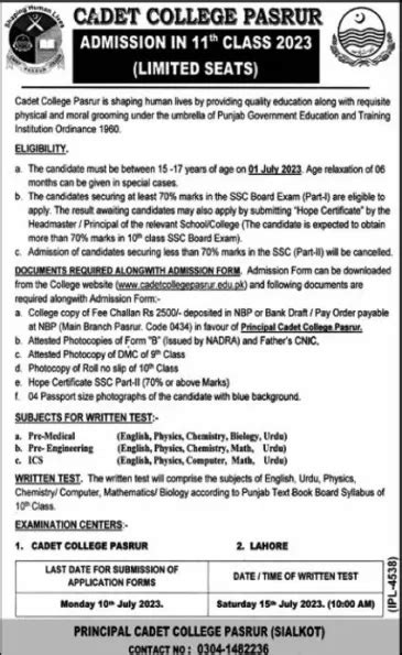 Cadet College Ccp Pasroor Announces Fa Fsc Admission Online