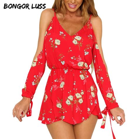 Bongor Luss Women Rompers Red Floral Print Bohemian Beach Summer Playsuit V Neck Long Sleeve