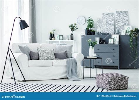White Sofa With Pillows Stock Photo Image Of Home Blanket 117643344