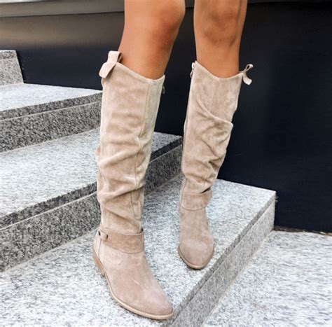 Neuheiten 2025 Wildleder Damen Stiefel in Beige mit Reißverschluss