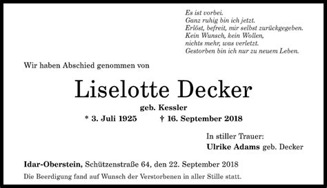 Traueranzeigen Von Liselotte Decker Rz Trauer De