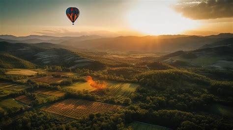 Un globo aerostático vuela sobre un valle con el sol brillando sobre él