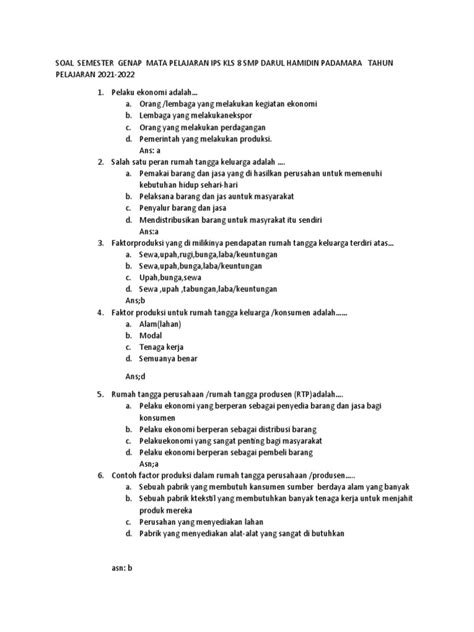 Soal Mid Semester Genap Mata Pelajaran Ips Kls 8b Smp Darul Hamidin Padamara Thn Pelajaran 2021