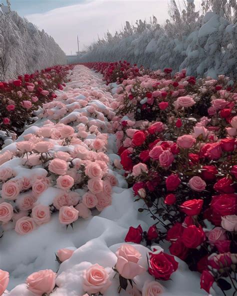 Romantic Sea Of Roses In The Snow