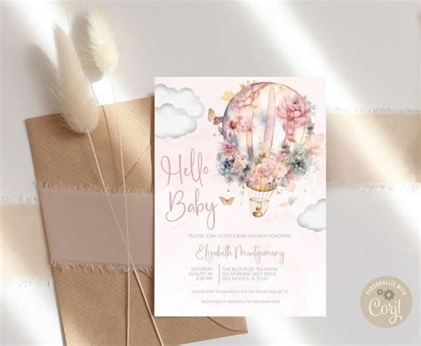 Pink Floral Hot Air Balloon Baby Shower Invitation Butterfly Etsy