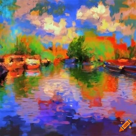 Impressionist Painting Of A River Embankment With Boats And Cityscape