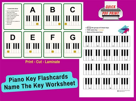 Piano Key Flashcards And Name The Piano Keys Worksheet Fun Etsy