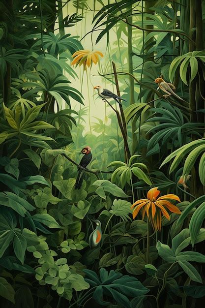 Premium AI Image | a painting of birds in the jungle by person