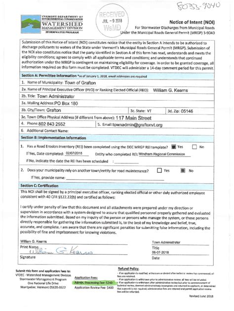 Fillable Online Vermont Notice Of Intent Noi For Stormwater