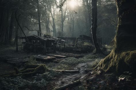 Un Bosque Oscuro Con Una Casa En Medio Foto Premium