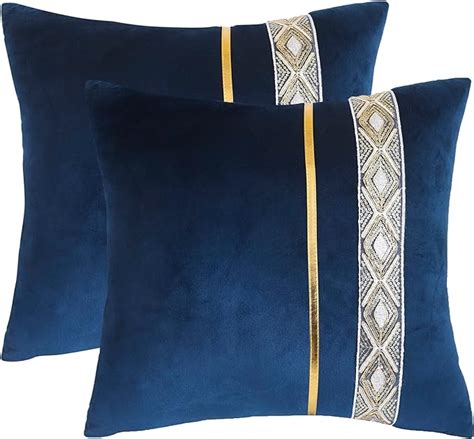 Tosleo Navy Blue Velvet Throw Pillow Covers 20x20 Pack Of 2 With Gold Leather