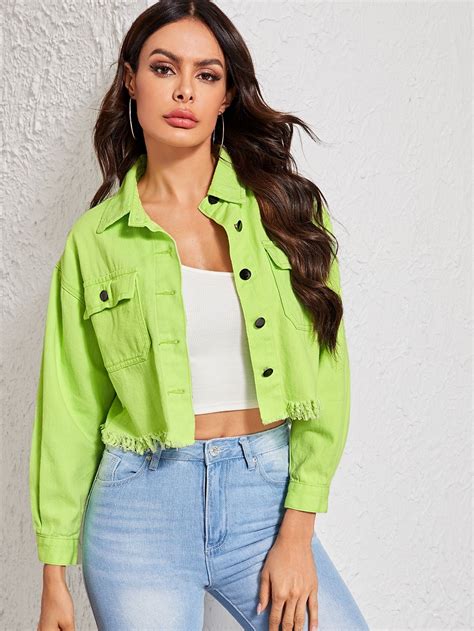 Green Wash Raw Hem Crop Denim Jacket Check Out This Green Wash Raw Hem Crop Denim Jacket On