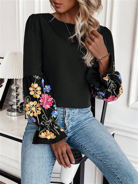 Shein Vcay Flower Embroidery Ruffle Sleeve Shirt Shein Eur