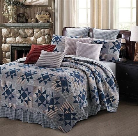 Country Farmhouse Printed Blue Star Queen Quilt Set Gray Primitive