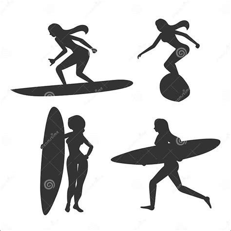 Set Of Vector Illustrations With Woman Surfers Stock Vector