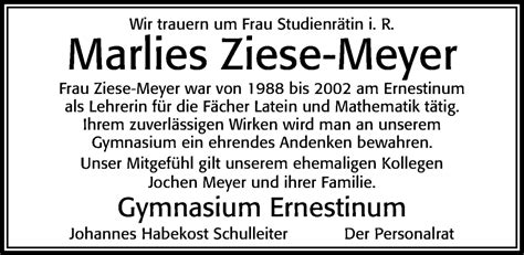 Traueranzeigen Von Marlies Ziese Meyer Trauerportal Der Celleschen