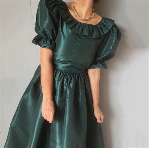 Laura Ashley Fairy Core S Taffeta Moss Party Ruffled Dress Etsy