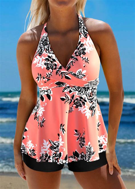 Plus Size Criss Cross Coral Floral Print Tankini Top Modlily