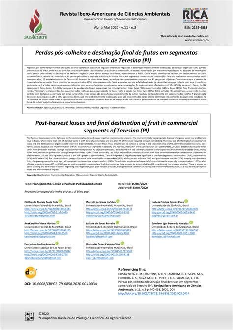 Pdf Perdas P S Colheita E Destina O Final De Frutas Em Segmentos