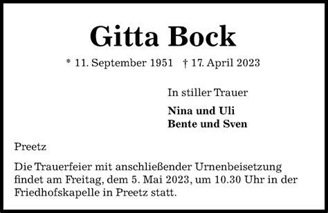 Traueranzeigen Von Gitta Bock Trauer Anzeigen De