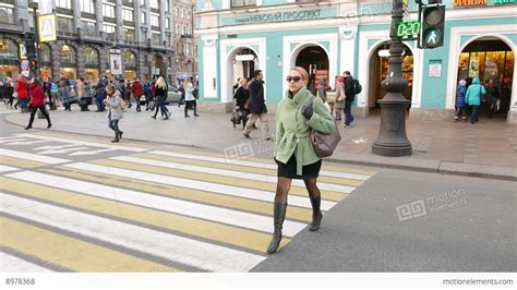 Young Woman Quickly Go Across City Road Pov Shot Walk On Pedestrian