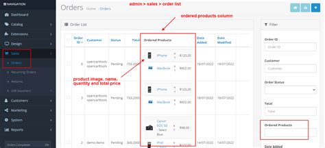 OpenCart Ordered Product Column Filter At Admin Order List