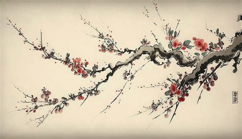 Chinese landscape painting cherry blossom print art, Japanese Painting ...