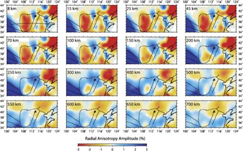 Map Views Of Radial Anisotropy Of P Wave Velocity Vp Beneath The