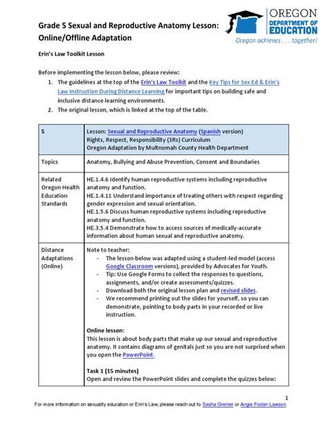 Grade 5 Sexual And Reproductive Anatomy Lesson Pdf Sex Human Reproduction