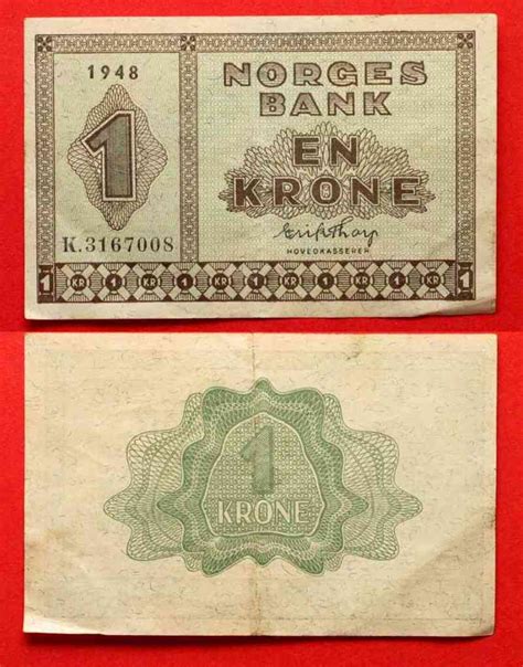 NORWEGEN NORGES BANK 1 Krone 1948 Sig E THORP Banknote SELTEN