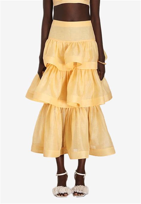 Zimmermann Coaster Tiered Skirt In Linen And Silk In Yellow Lyst