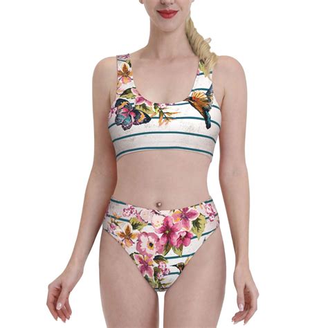 Adobk Bird And Floral Print Women High Waisted Bikini Set Sports