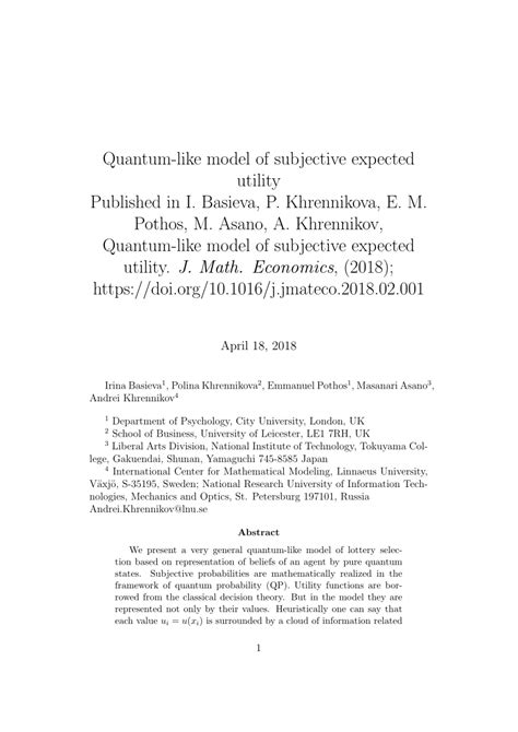 PDF Quantum Like Model Of Subjective Expected Utility