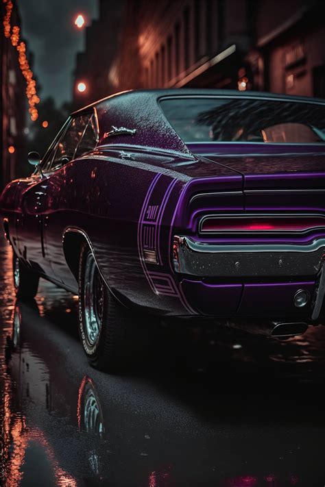 A Purple 1970s Dodge Charger Parked On A Street