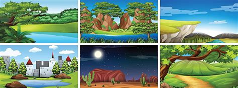 Set Of Scenes In Nature Setting Afternoon Sky Daytime Vector, Afternoon ...