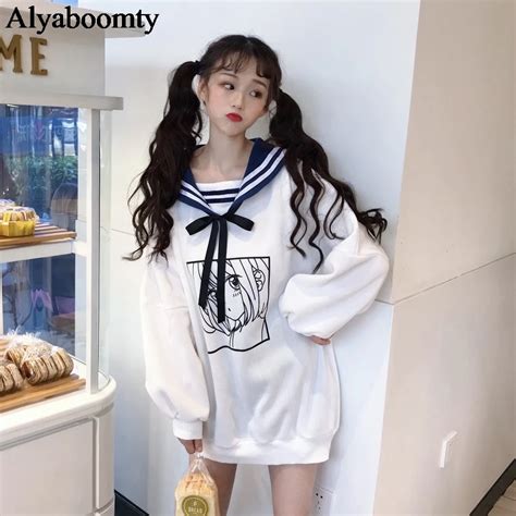 2019 Japanese Anime Spring Women White Hoodies Sailor Collar Cartoon