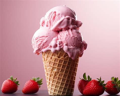 Morangos E Sorvete Num Cone De Waffle Em Fundo Rosa Ilustração Stock