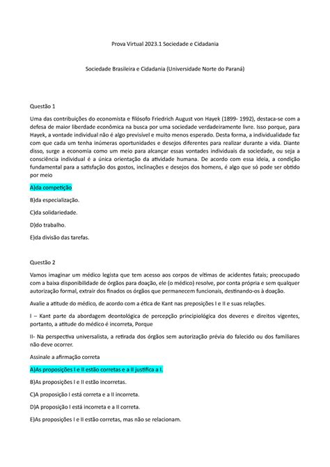 Gabarito Da Prova Sociedade Brasileira E Cidadania Anhanguera