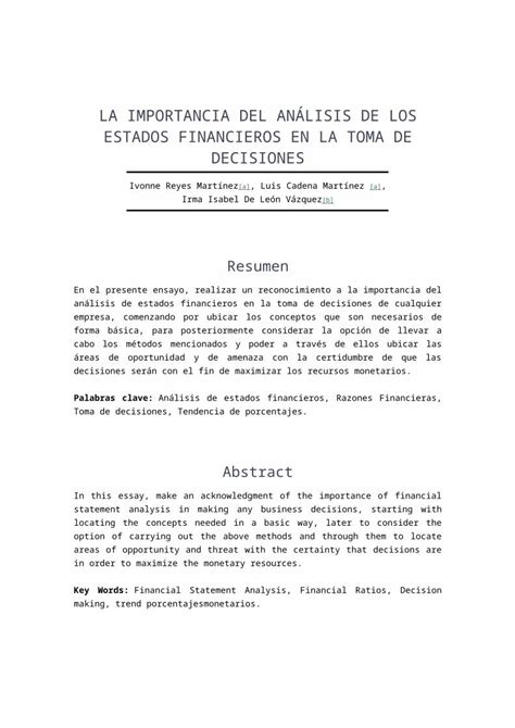 Docx La Importancia Del Análisis De Los Estados Financieros En La