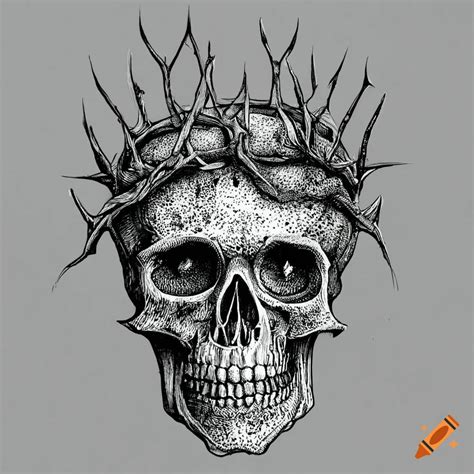 Skull With Crown Of Thorns Illustration In Pen And Ink Black And White