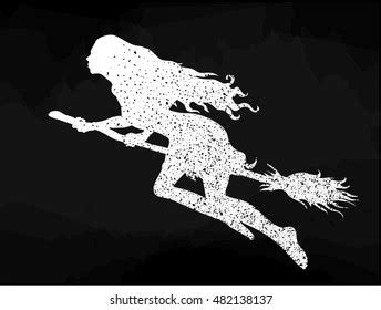 Vektor Stok Vector Silhouette Witch On Broomstick Chalk Tanpa Royalti