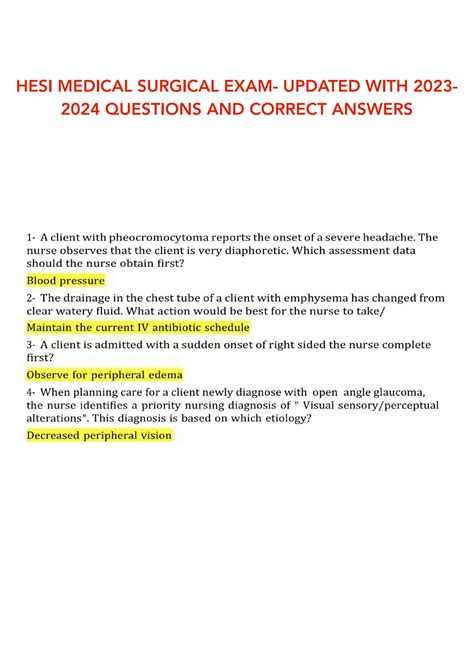 SOLUTION Hesi Medical Surgical Exam Updated With 2023 2024 Questions