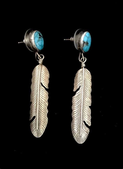 Navajo Sterling Silver Feather Earrings With Turquoise