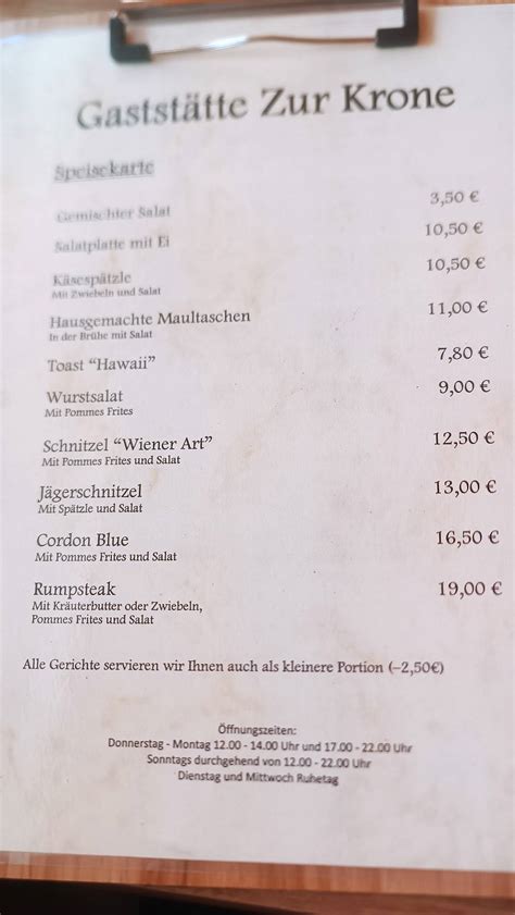 Speisekarte von Gaststätte Zur Krone restaurant Darstein